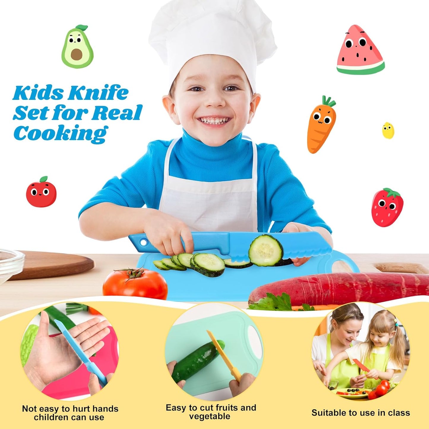 60 Pcs Kids Knife Set Kids Plastic Knife with Cutting Board Toddler Knifes Serrated Edges Kids Chopping Board Kids Cooking Utensils for Salad Fruit Preschool Cooking Class Party