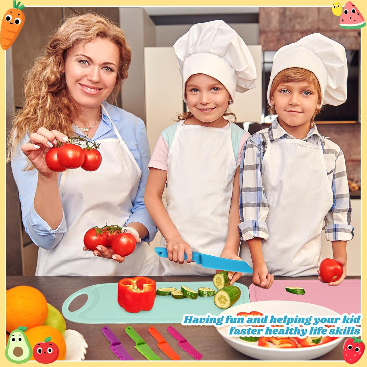 60 Pcs Kids Knife Set Kids Plastic Knife with Cutting Board Toddler Knifes Serrated Edges Kids Chopping Board Kids Cooking Utensils for Salad Fruit Preschool Cooking Class Party