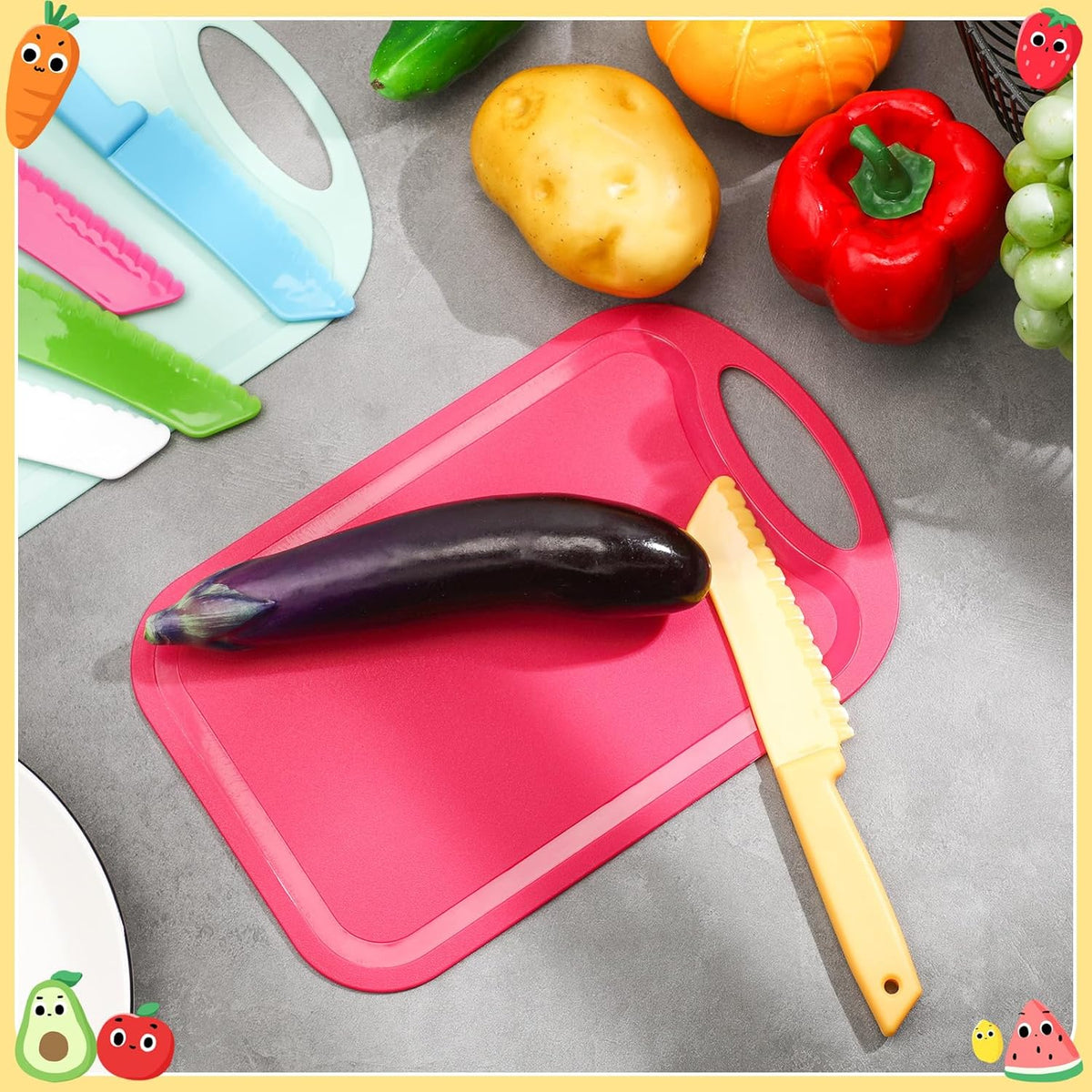 60 Pcs Kids Knife Set Kids Plastic Knife with Cutting Board Toddler Knifes Serrated Edges Kids Chopping Board Kids Cooking Utensils for Salad Fruit Preschool Cooking Class Party
