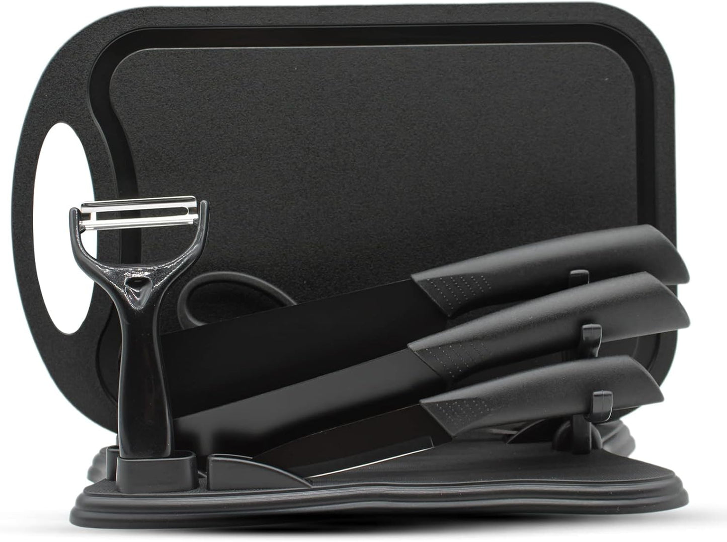7-Piece Kitchen Knife Set,Black | 5 Stainless Steel Knives with Sheaths,Cutting Board, and a Knife Block,PP Ergonomic Handle,Black BO Oxide technology