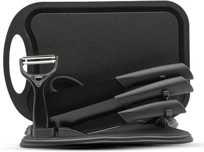 7-Piece Kitchen Knife Set,Black | 5 Stainless Steel Knives with Sheaths,Cutting Board, and a Knife Block,PP Ergonomic Handle,Black BO Oxide technology