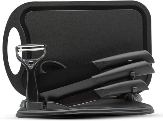 7-Piece Kitchen Knife Set,Black | 5 Stainless Steel Knives with Sheaths,Cutting Board, and a Knife Block,PP Ergonomic Handle,Black BO Oxide technology