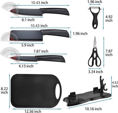 7-Piece Kitchen Knife Set,Black | 5 Stainless Steel Knives with Sheaths,Cutting Board, and a Knife Block,PP Ergonomic Handle,Black BO Oxide technology