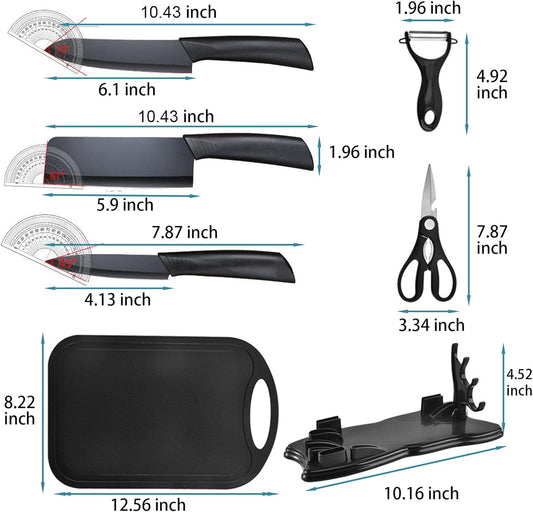 7-Piece Kitchen Knife Set,Black | 5 Stainless Steel Knives with Sheaths,Cutting Board, and a Knife Block,PP Ergonomic Handle,Black BO Oxide technology
