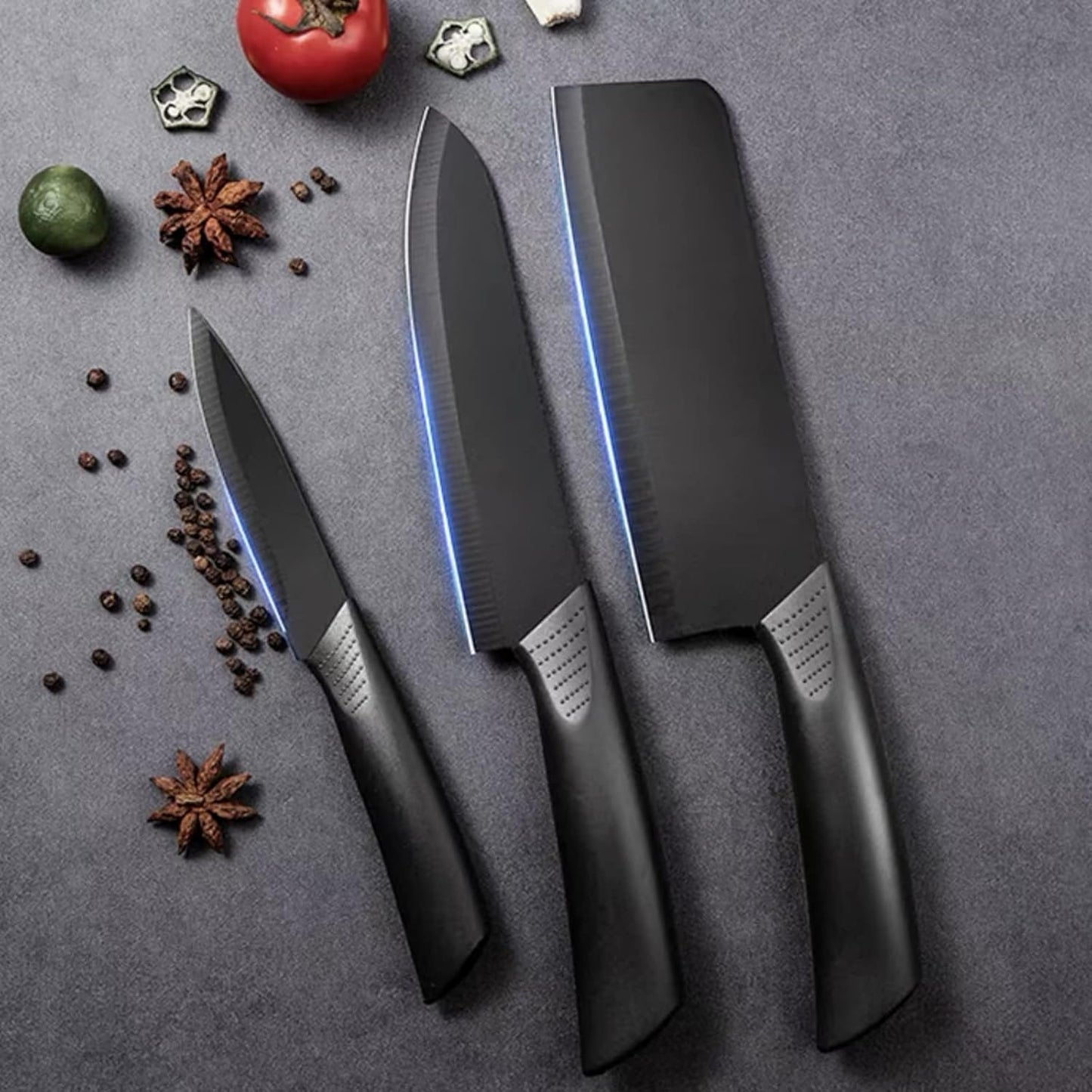7-Piece Kitchen Knife Set,Black | 5 Stainless Steel Knives with Sheaths,Cutting Board, and a Knife Block,PP Ergonomic Handle,Black BO Oxide technology