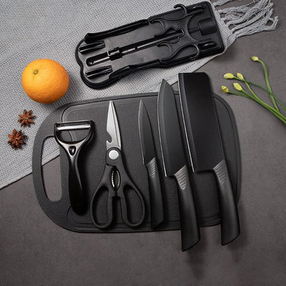 7-Piece Kitchen Knife Set,Black | 5 Stainless Steel Knives with Sheaths,Cutting Board, and a Knife Block,PP Ergonomic Handle,Black BO Oxide technology