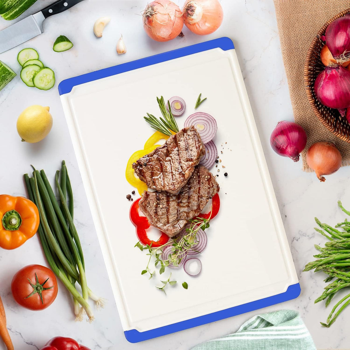 Extra Large Plastic Cutting Board for Kitchen - Blue 18-Inch Dishwasher Safe Chopping Board, Reversible Cutting Board with Juice Groove + Non Slip Feet for Meat, Fruit, Vegetables