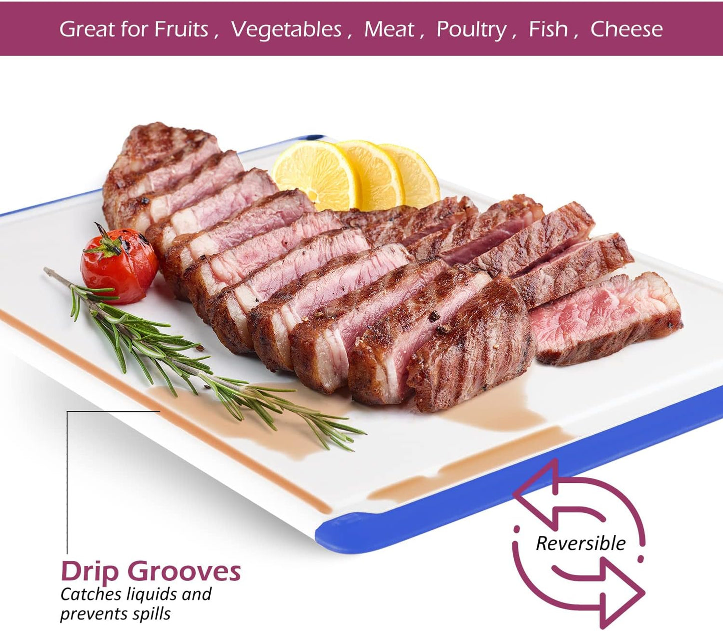Extra Large Plastic Cutting Board for Kitchen - Blue 18-Inch Dishwasher Safe Chopping Board, Reversible Cutting Board with Juice Groove + Non Slip Feet for Meat, Fruit, Vegetables