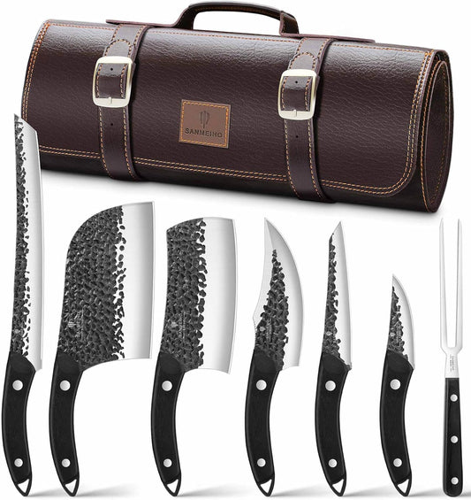 8 PCS Butcher Knife Set, Japanese Kitchen Chef Knife Set | Hand Forged Knife Set with Leather Roll Bag, Sharp Meat Cleaver Knife for Kitchen & Hunting & Camping & BBQ, Gifts for Men