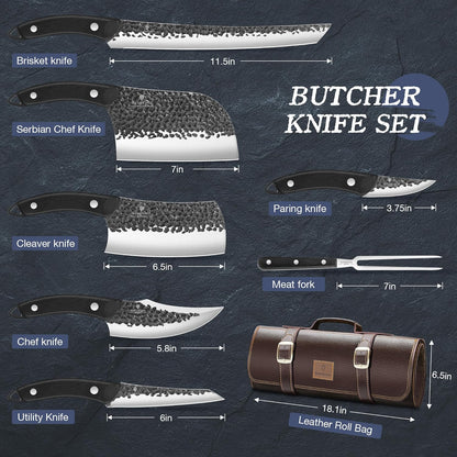 8 PCS Butcher Knife Set, Japanese Kitchen Chef Knife Set | Hand Forged Knife Set with Leather Roll Bag, Sharp Meat Cleaver Knife for Kitchen & Hunting & Camping & BBQ, Gifts for Men