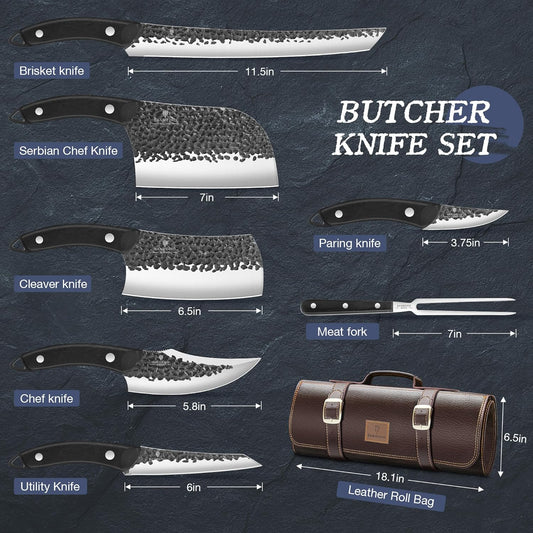 8 PCS Butcher Knife Set, Japanese Kitchen Chef Knife Set | Hand Forged Knife Set with Leather Roll Bag, Sharp Meat Cleaver Knife for Kitchen & Hunting & Camping & BBQ, Gifts for Men