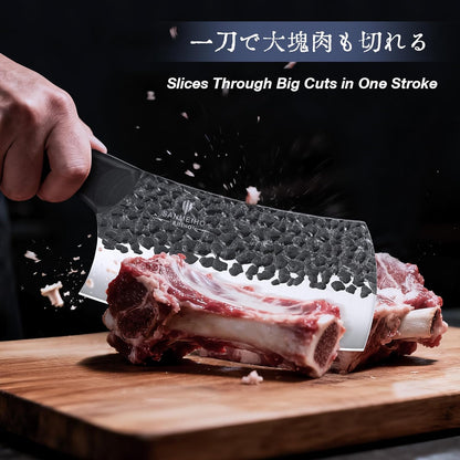 8 PCS Butcher Knife Set, Japanese Kitchen Chef Knife Set | Hand Forged Knife Set with Leather Roll Bag, Sharp Meat Cleaver Knife for Kitchen & Hunting & Camping & BBQ, Gifts for Men