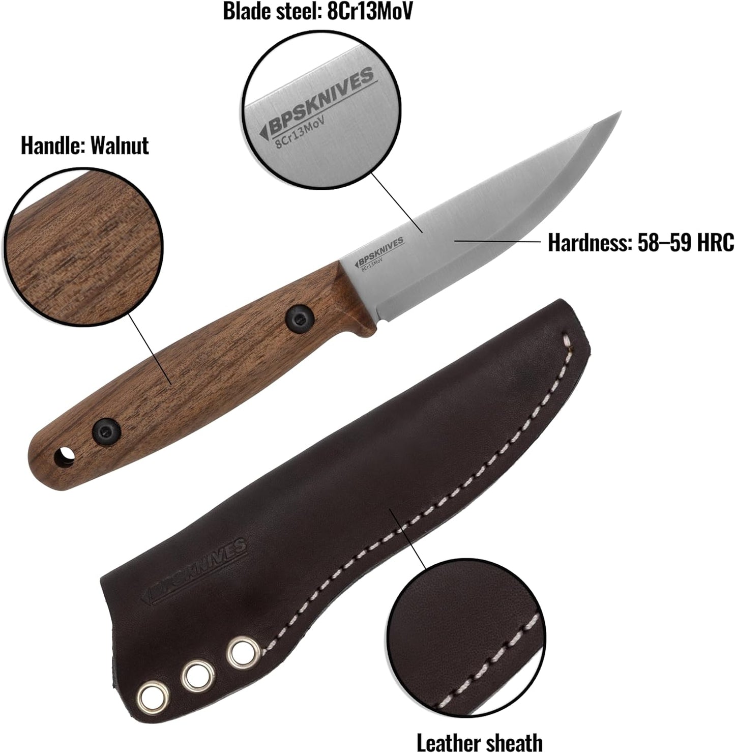 Finn Lite - Puukko Knife - Fixed-Blade 8Cr13MoV Stainless Steel Knife with Leather Sheath - Small Full Tang Camping Knives - Scandinavian Camp Utility Knives