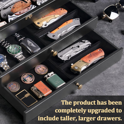 Large Knife Display Case, 3-Tier Pocket Knife Organizer and Storage Box with Transparent Lid & Drawer, for Folding Knife and Dagger Collections, Ideal Men's Gift(Walnut)