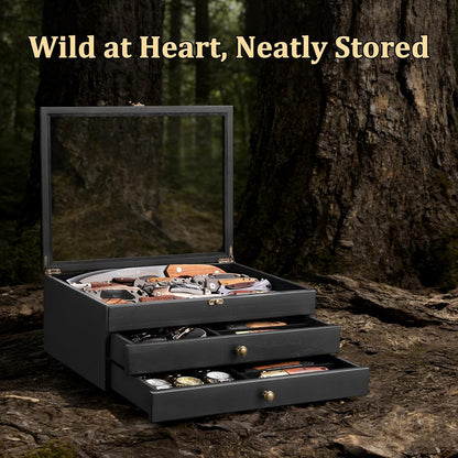 Large Knife Display Case, 3-Tier Pocket Knife Organizer and Storage Box with Transparent Lid & Drawer, for Folding Knife and Dagger Collections, Ideal Men's Gift(Walnut)