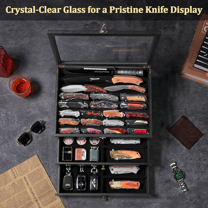 Large Knife Display Case, 3-Tier Pocket Knife Organizer and Storage Box with Transparent Lid & Drawer, for Folding Knife and Dagger Collections, Ideal Men's Gift(Walnut)