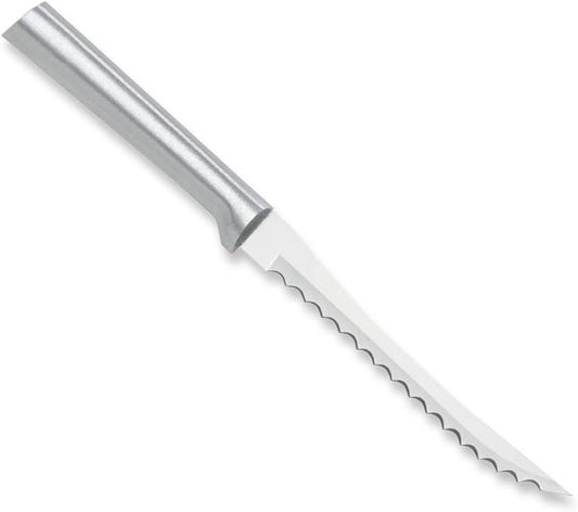 Tomato Slicer Knife (R126), Silver Handle | 5" Stainless Steel Serrated Blade, Silver Cast Aluminum Handle