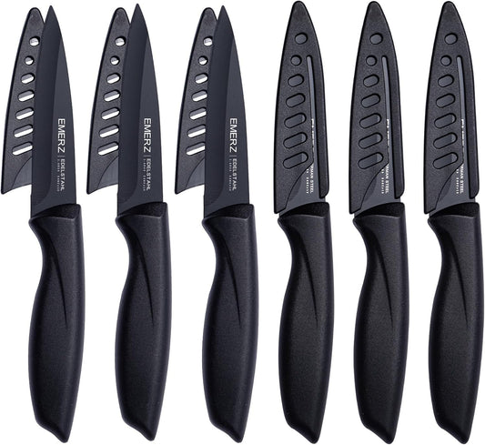 Paring Knife with Cover Sheath,Black,3.5 Inch Stainless Steel Fruit and Vegetable Knife,Paring Knives Set of 6,Ultra Sharp Small Kitchen Knife with PP Plastic Ergonomic Handle.