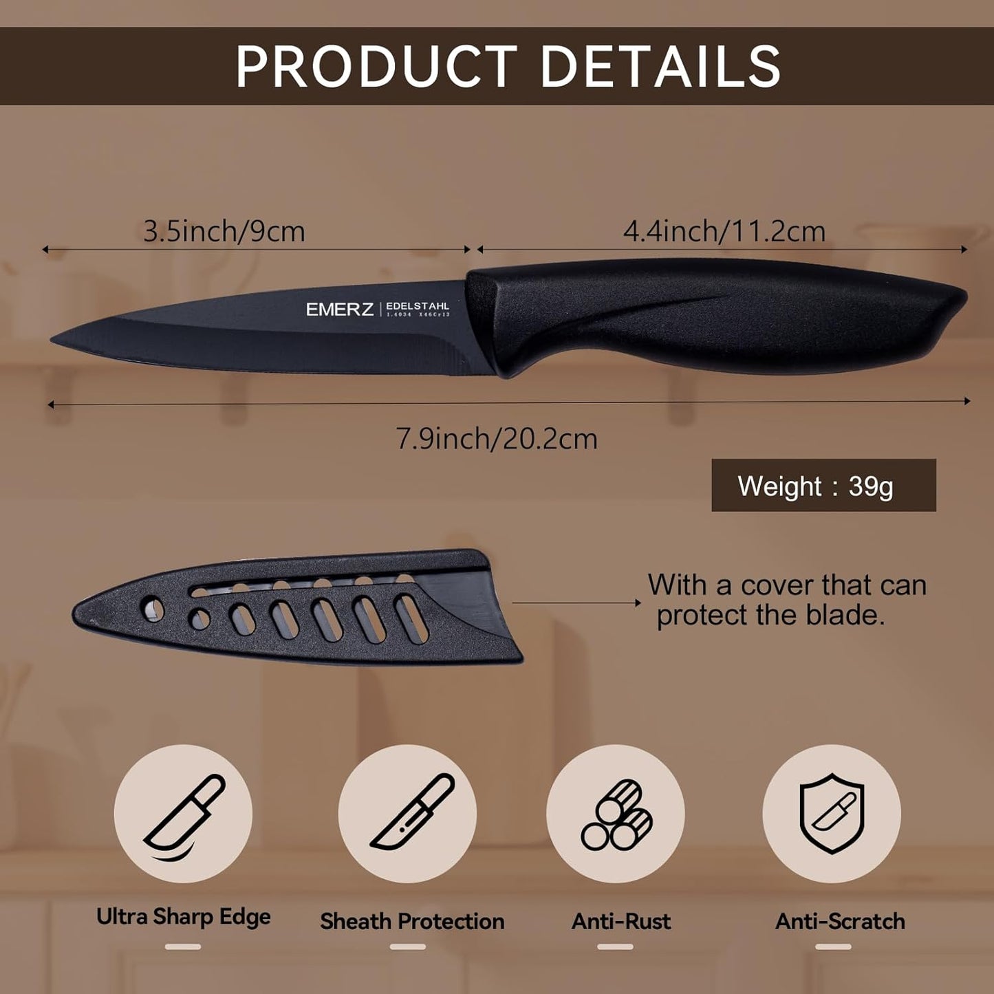 Paring Knife with Cover Sheath,Black,3.5 Inch Stainless Steel Fruit and Vegetable Knife,Paring Knives Set of 6,Ultra Sharp Small Kitchen Knife with PP Plastic Ergonomic Handle.