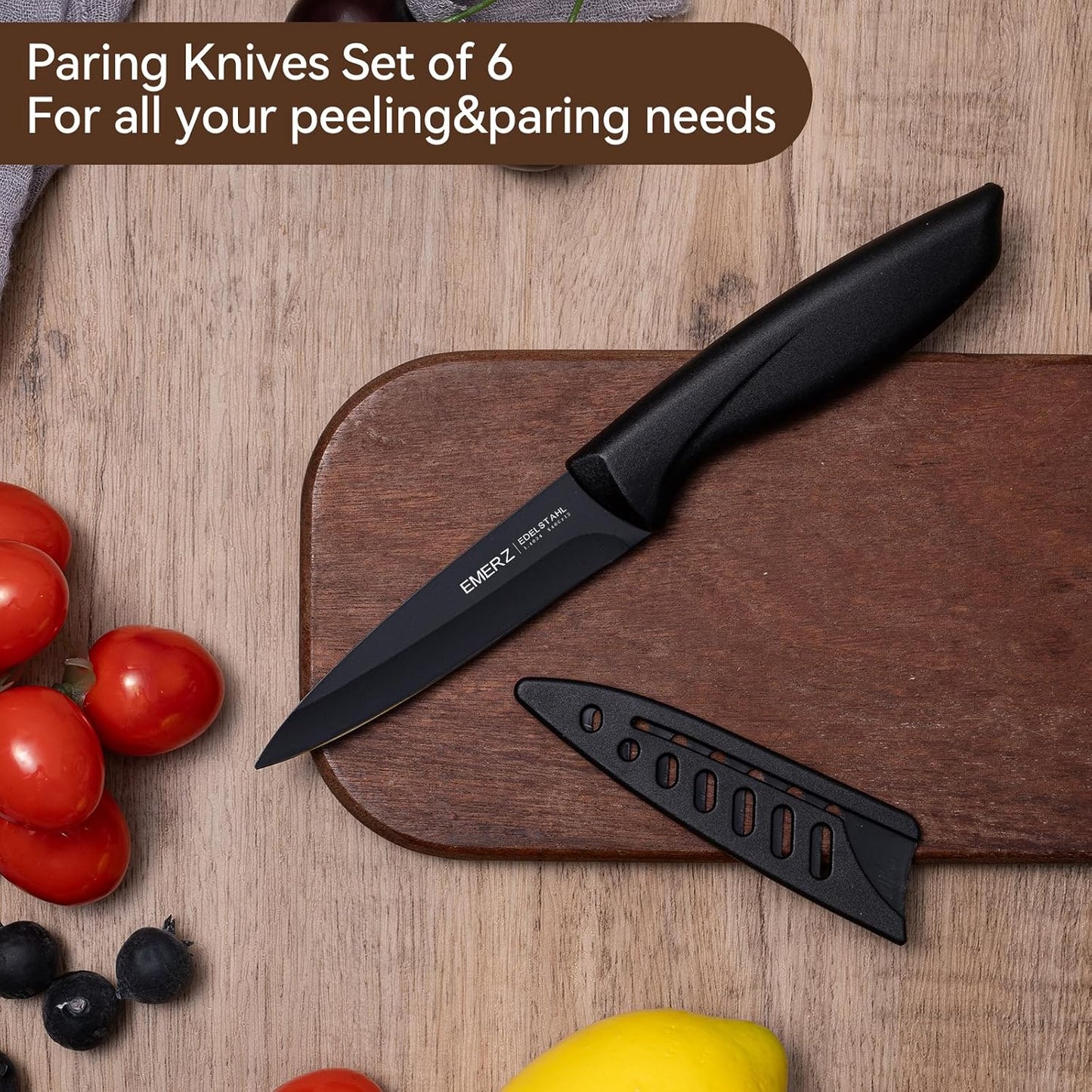 Paring Knife with Cover Sheath,Black,3.5 Inch Stainless Steel Fruit and Vegetable Knife,Paring Knives Set of 6,Ultra Sharp Small Kitchen Knife with PP Plastic Ergonomic Handle.