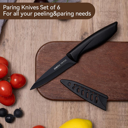 Paring Knife with Cover Sheath,Black,3.5 Inch Stainless Steel Fruit and Vegetable Knife,Paring Knives Set of 6,Ultra Sharp Small Kitchen Knife with PP Plastic Ergonomic Handle.