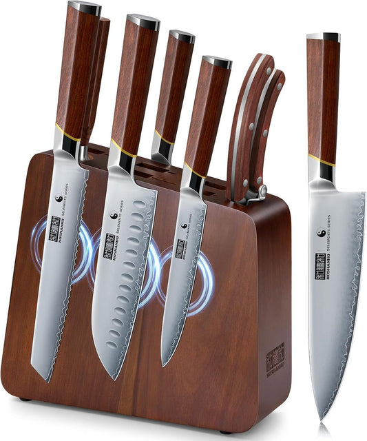 8 PCS Knife Set with Magnetic Block, Ultra-Sharp Kitchen Knife Set | High Carbon Steel Kitchen knives, Professional Knife Block Set with Ergonomic Rosewood Handle, Ideal Gift for Home & Pro Chef