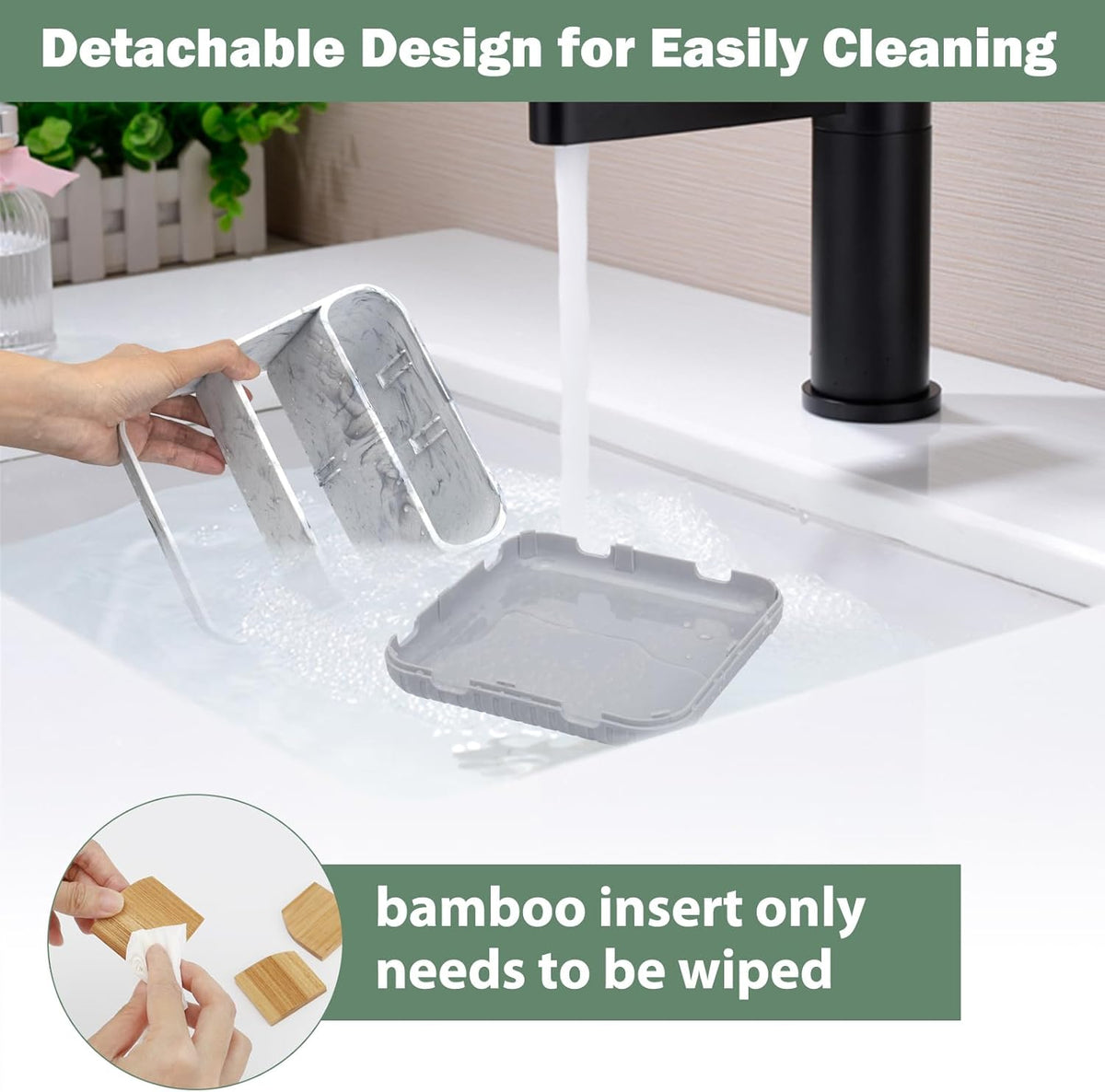 Bathroom Toothbrush Holders,6 Slots,Detachable for Easy Clean, Grey/Marble | Electric Toothbrush, with bamboo divider, drainage hole, BPA-free,bathroom,office,kictchen,vanity countertop organizer