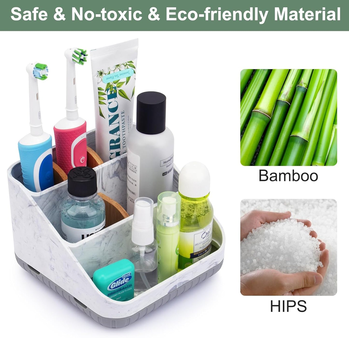 Bathroom Toothbrush Holders,6 Slots,Detachable for Easy Clean, Grey/Marble | Electric Toothbrush, with bamboo divider, drainage hole, BPA-free,bathroom,office,kictchen,vanity countertop organizer