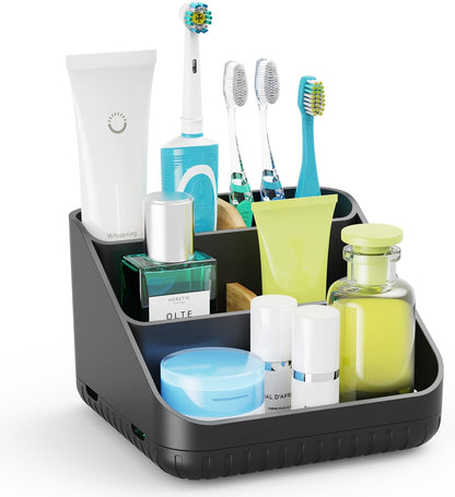 Bathroom Toothbrush Holders,6 Slots,Detachable for Easy Clean, Grey/Marble | Electric Toothbrush, with bamboo divider, drainage hole, BPA-free,bathroom,office,kictchen,vanity countertop organizer