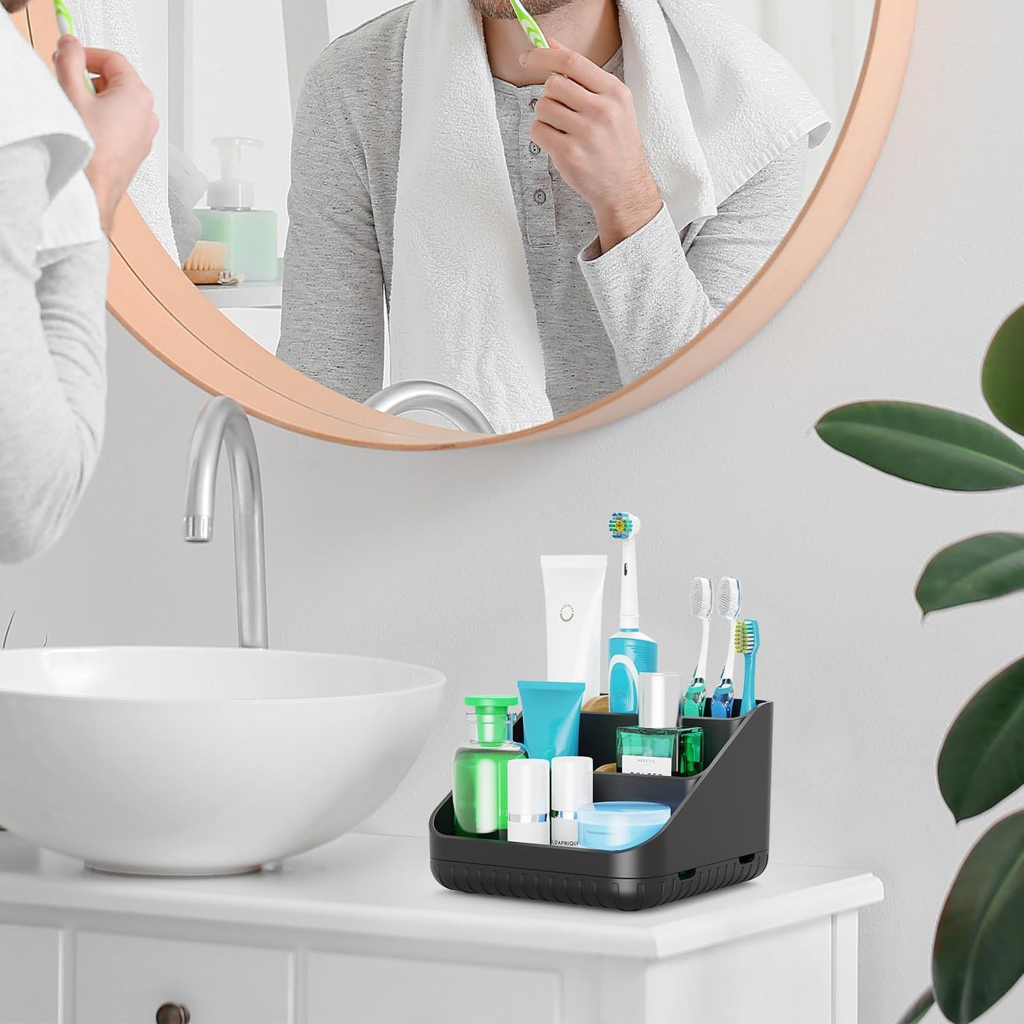Bathroom Toothbrush Holders,6 Slots,Detachable for Easy Clean, Grey/Marble | Electric Toothbrush, with bamboo divider, drainage hole, BPA-free,bathroom,office,kictchen,vanity countertop organizer