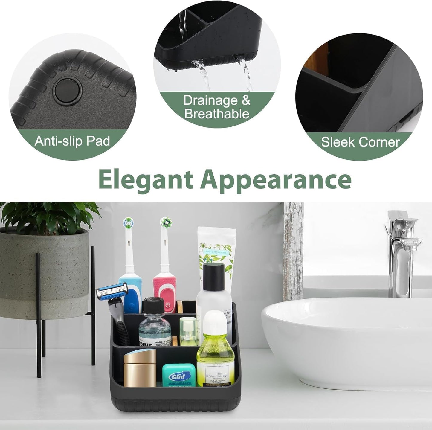Bathroom Toothbrush Holders,6 Slots,Detachable for Easy Clean, Grey/Marble | Electric Toothbrush, with bamboo divider, drainage hole, BPA-free,bathroom,office,kictchen,vanity countertop organizer