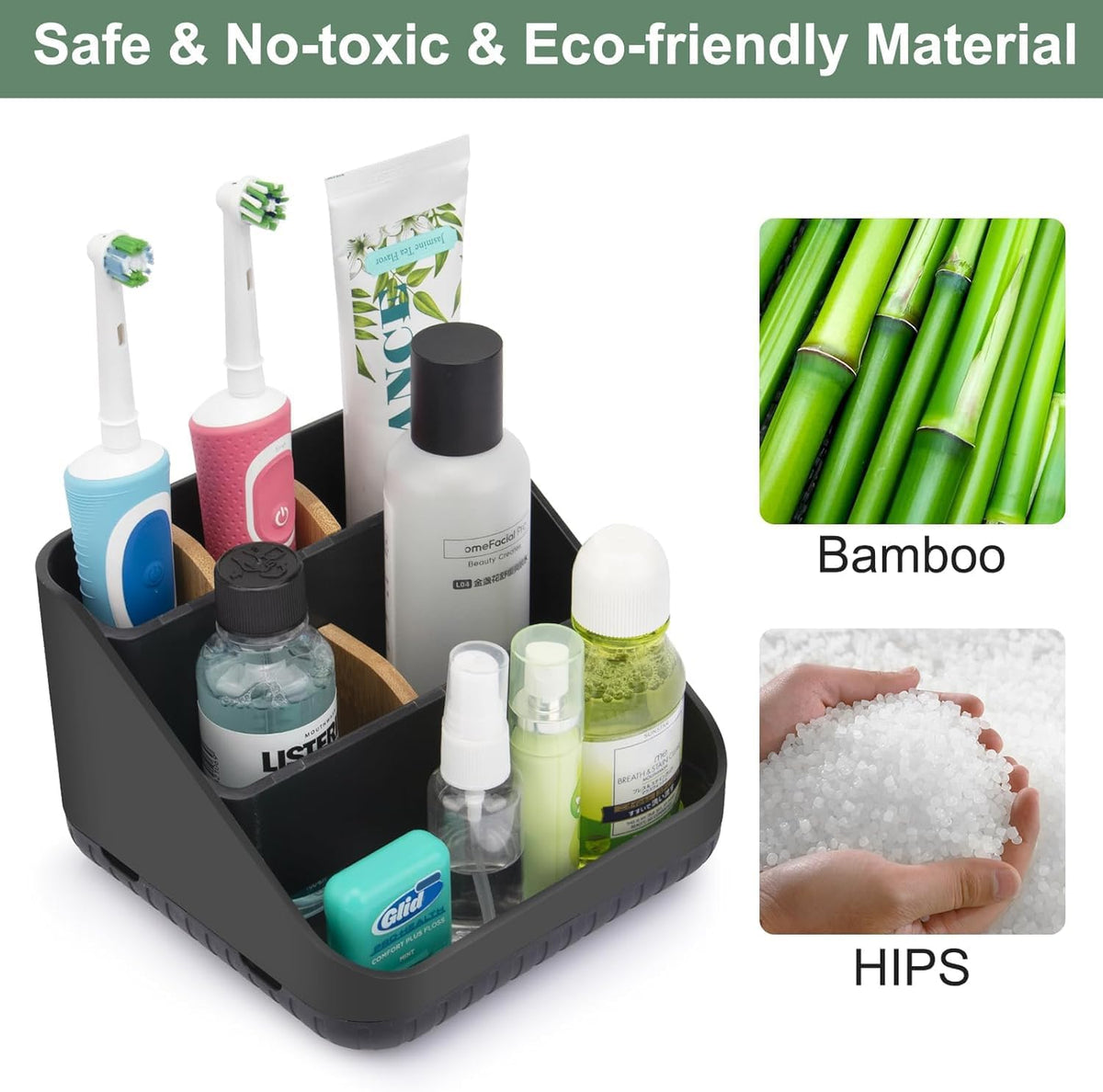 Bathroom Toothbrush Holders,6 Slots,Detachable for Easy Clean, Grey/Marble | Electric Toothbrush, with bamboo divider, drainage hole, BPA-free,bathroom,office,kictchen,vanity countertop organizer