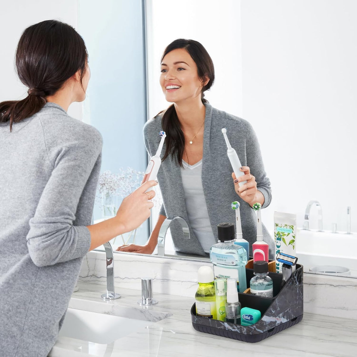 Bathroom Toothbrush Holders,6 Slots,Detachable for Easy Clean, Grey/Marble | Electric Toothbrush, with bamboo divider, drainage hole, BPA-free,bathroom,office,kictchen,vanity countertop organizer