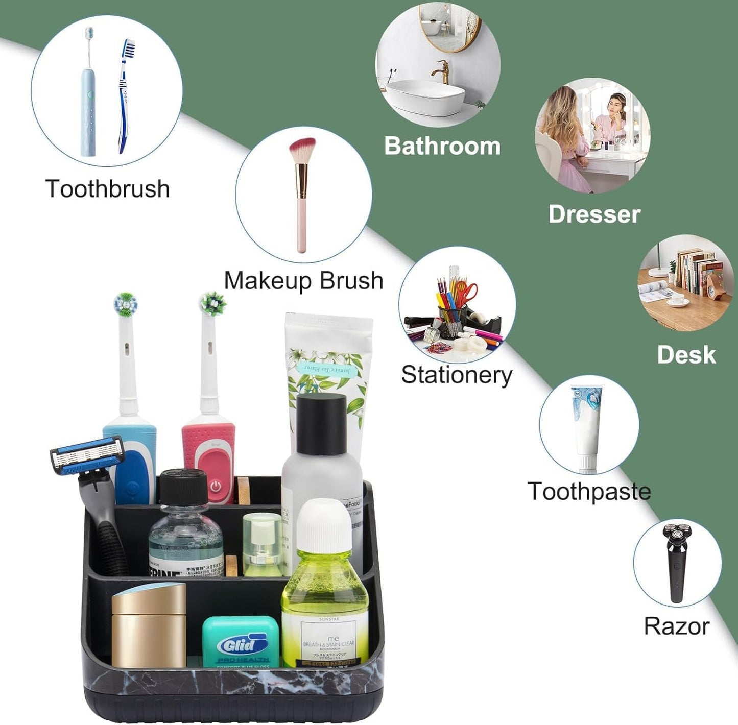 Bathroom Toothbrush Holders,6 Slots,Detachable for Easy Clean, Grey/Marble | Electric Toothbrush, with bamboo divider, drainage hole, BPA-free,bathroom,office,kictchen,vanity countertop organizer