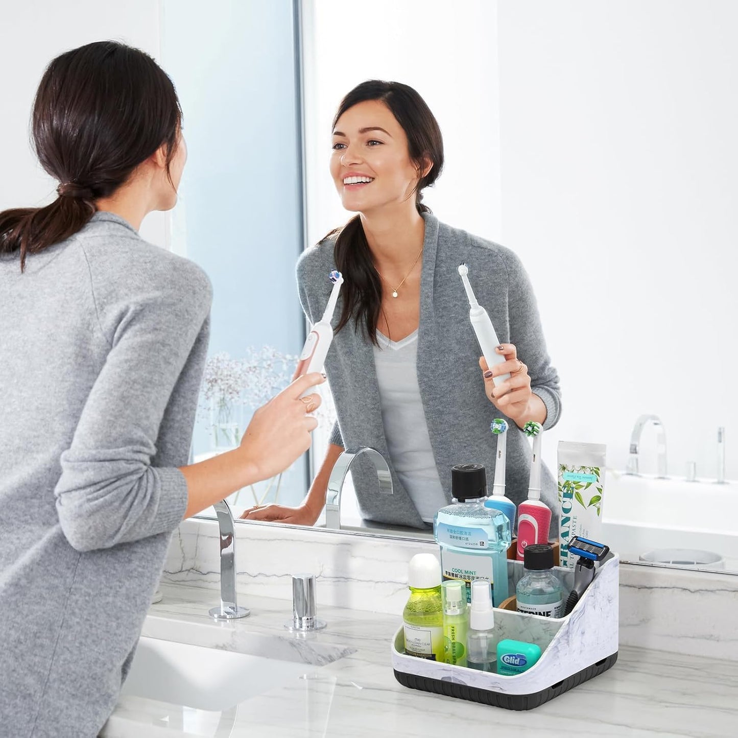 Bathroom Toothbrush Holders,6 Slots,Detachable for Easy Clean, Grey/Marble | Electric Toothbrush, with bamboo divider, drainage hole, BPA-free,bathroom,office,kictchen,vanity countertop organizer