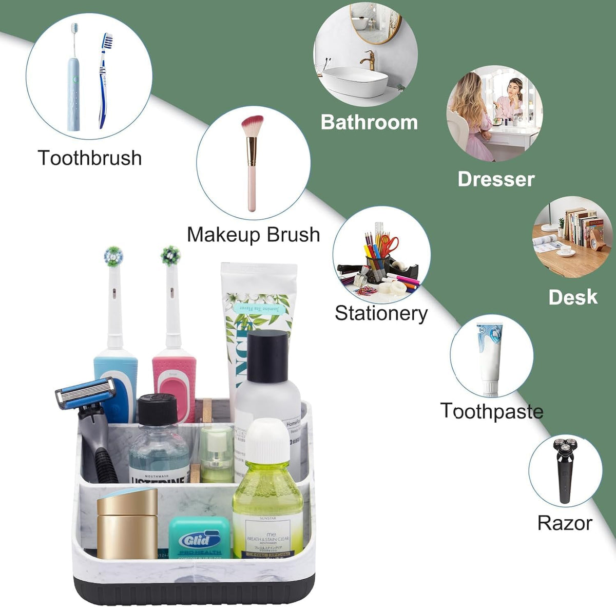 Bathroom Toothbrush Holders,6 Slots,Detachable for Easy Clean, Grey/Marble | Electric Toothbrush, with bamboo divider, drainage hole, BPA-free,bathroom,office,kictchen,vanity countertop organizer