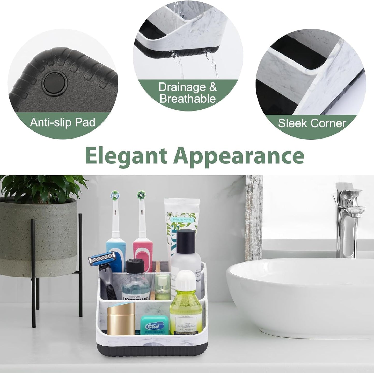 Bathroom Toothbrush Holders,6 Slots,Detachable for Easy Clean, Grey/Marble | Electric Toothbrush, with bamboo divider, drainage hole, BPA-free,bathroom,office,kictchen,vanity countertop organizer