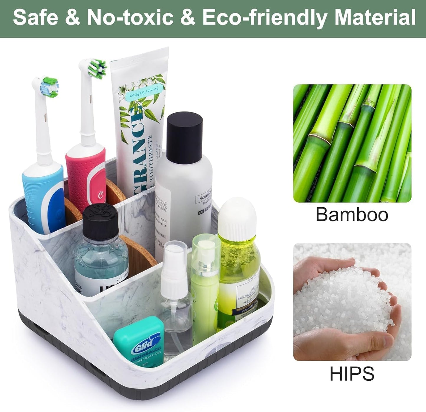 Bathroom Toothbrush Holders,6 Slots,Detachable for Easy Clean, Grey/Marble | Electric Toothbrush, with bamboo divider, drainage hole, BPA-free,bathroom,office,kictchen,vanity countertop organizer