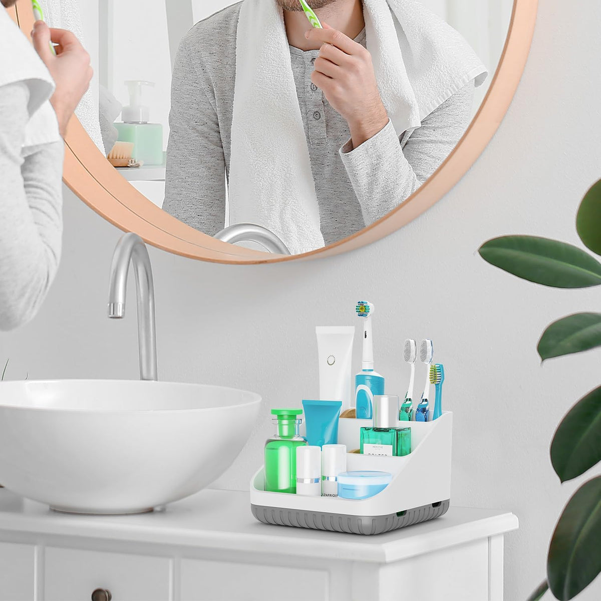 Bathroom Toothbrush Holders,6 Slots,Detachable for Easy Clean, Grey/Marble | Electric Toothbrush, with bamboo divider, drainage hole, BPA-free,bathroom,office,kictchen,vanity countertop organizer