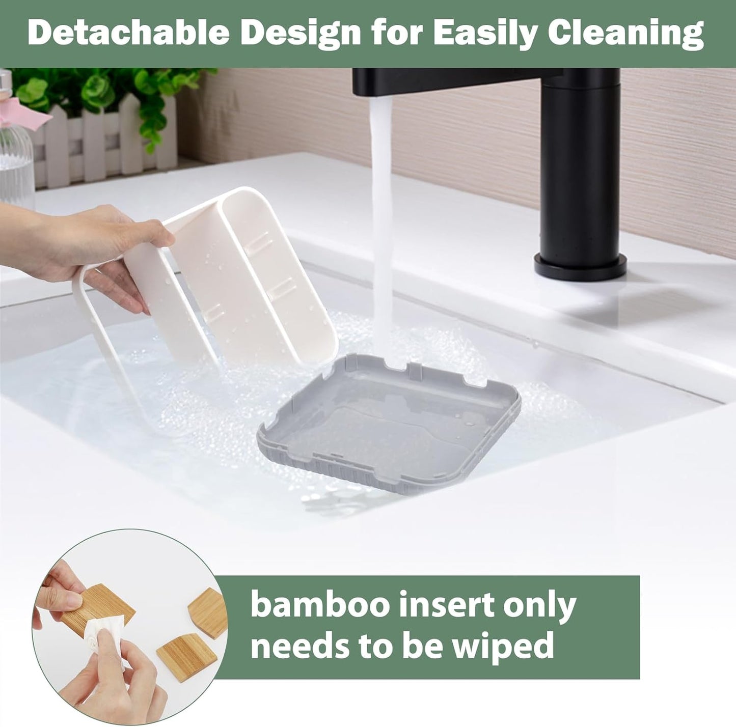 Bathroom Toothbrush Holders,6 Slots,Detachable for Easy Clean, Grey/Marble | Electric Toothbrush, with bamboo divider, drainage hole, BPA-free,bathroom,office,kictchen,vanity countertop organizer