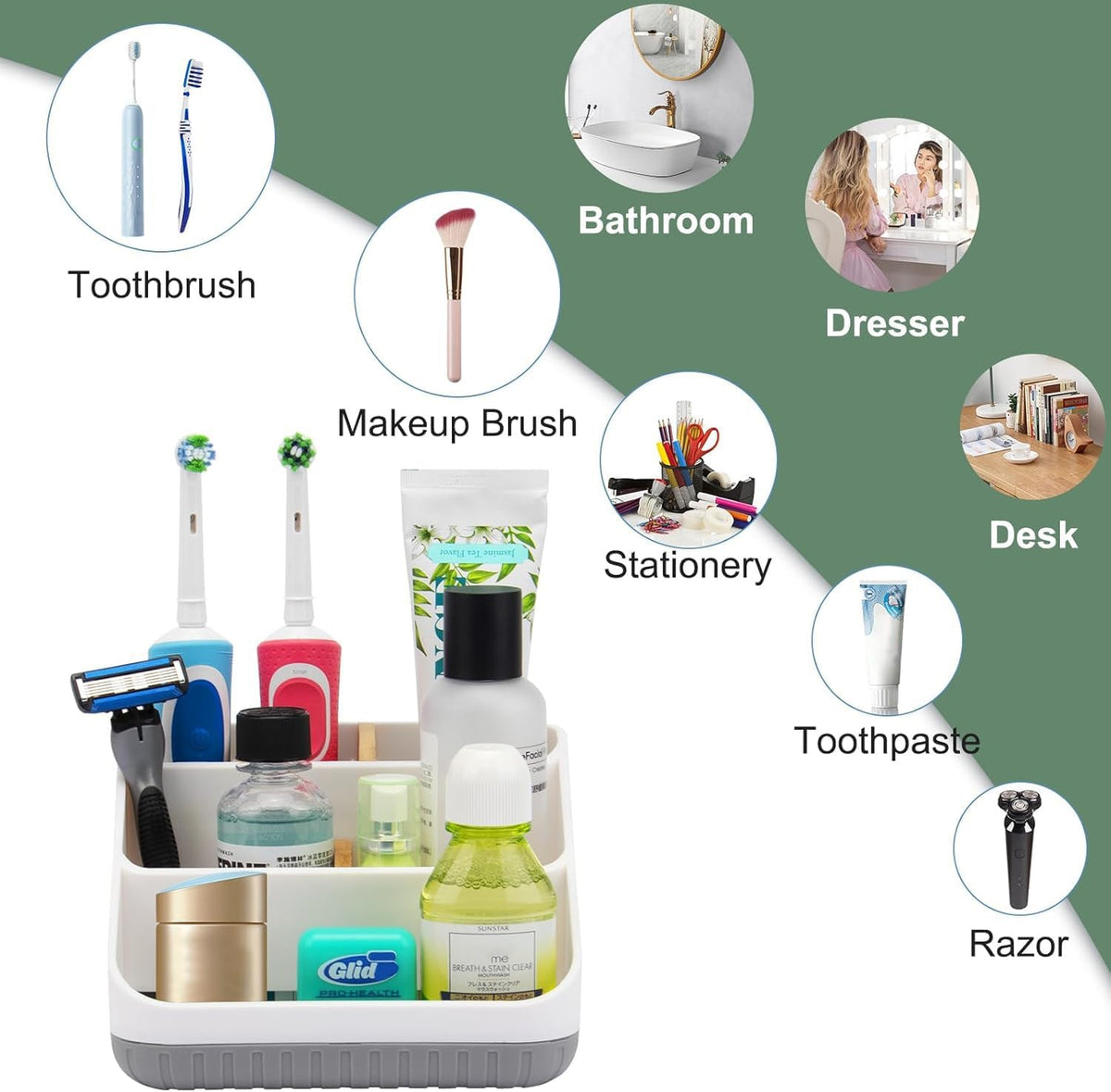 Bathroom Toothbrush Holders,6 Slots,Detachable for Easy Clean, Grey/Marble | Electric Toothbrush, with bamboo divider, drainage hole, BPA-free,bathroom,office,kictchen,vanity countertop organizer