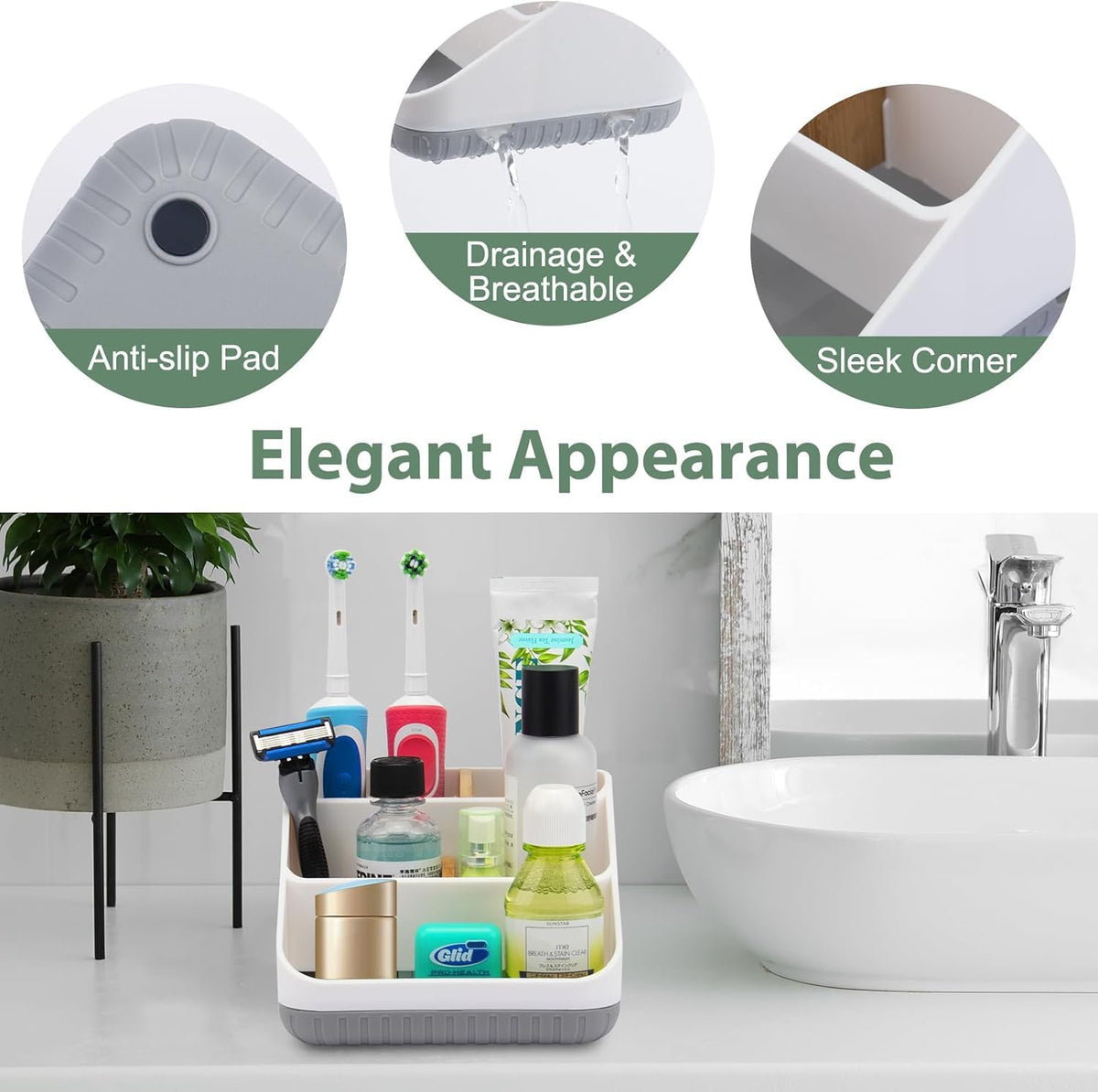 Bathroom Toothbrush Holders,6 Slots,Detachable for Easy Clean, Grey/Marble | Electric Toothbrush, with bamboo divider, drainage hole, BPA-free,bathroom,office,kictchen,vanity countertop organizer