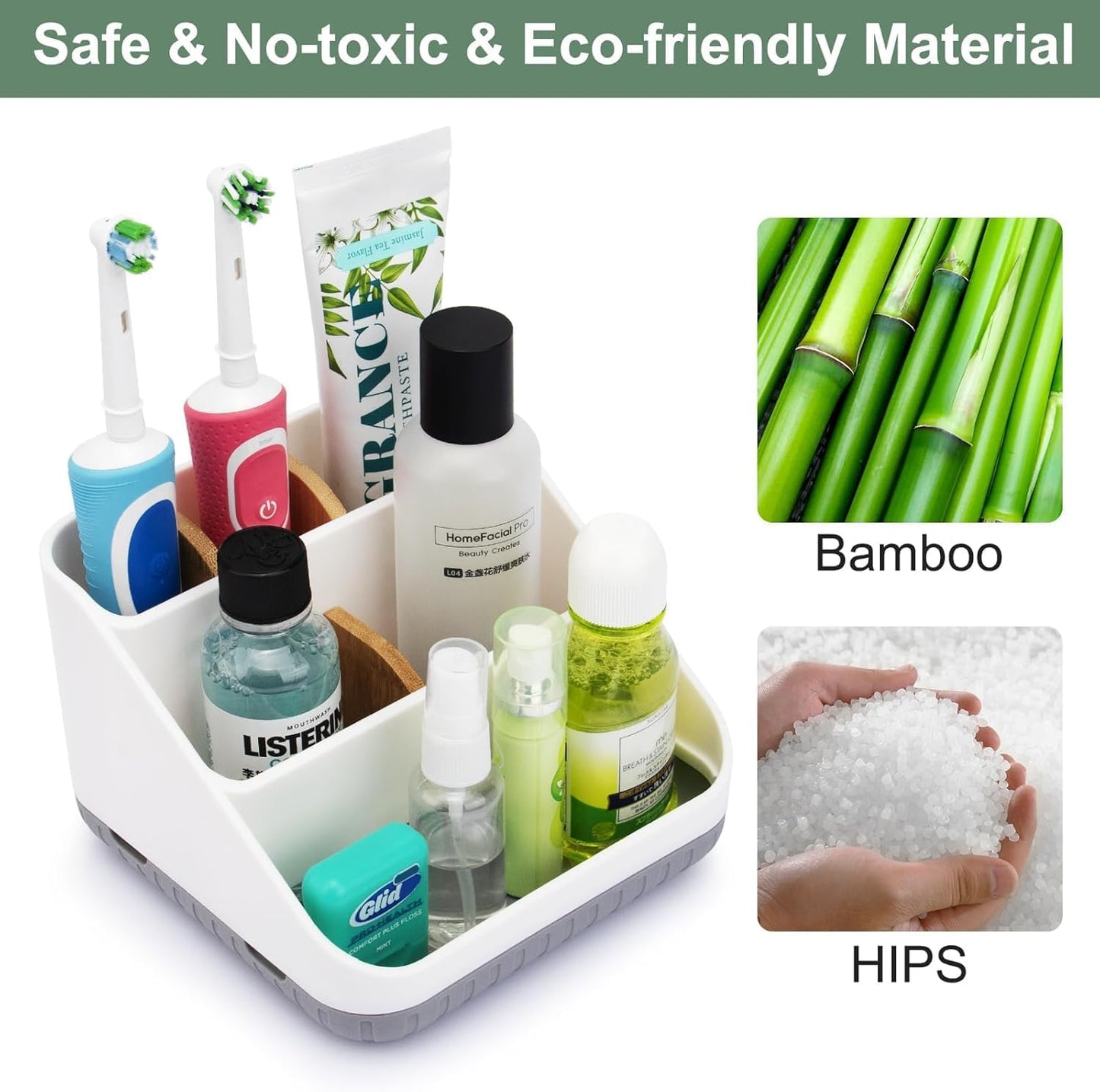 Bathroom Toothbrush Holders,6 Slots,Detachable for Easy Clean, Grey/Marble | Electric Toothbrush, with bamboo divider, drainage hole, BPA-free,bathroom,office,kictchen,vanity countertop organizer