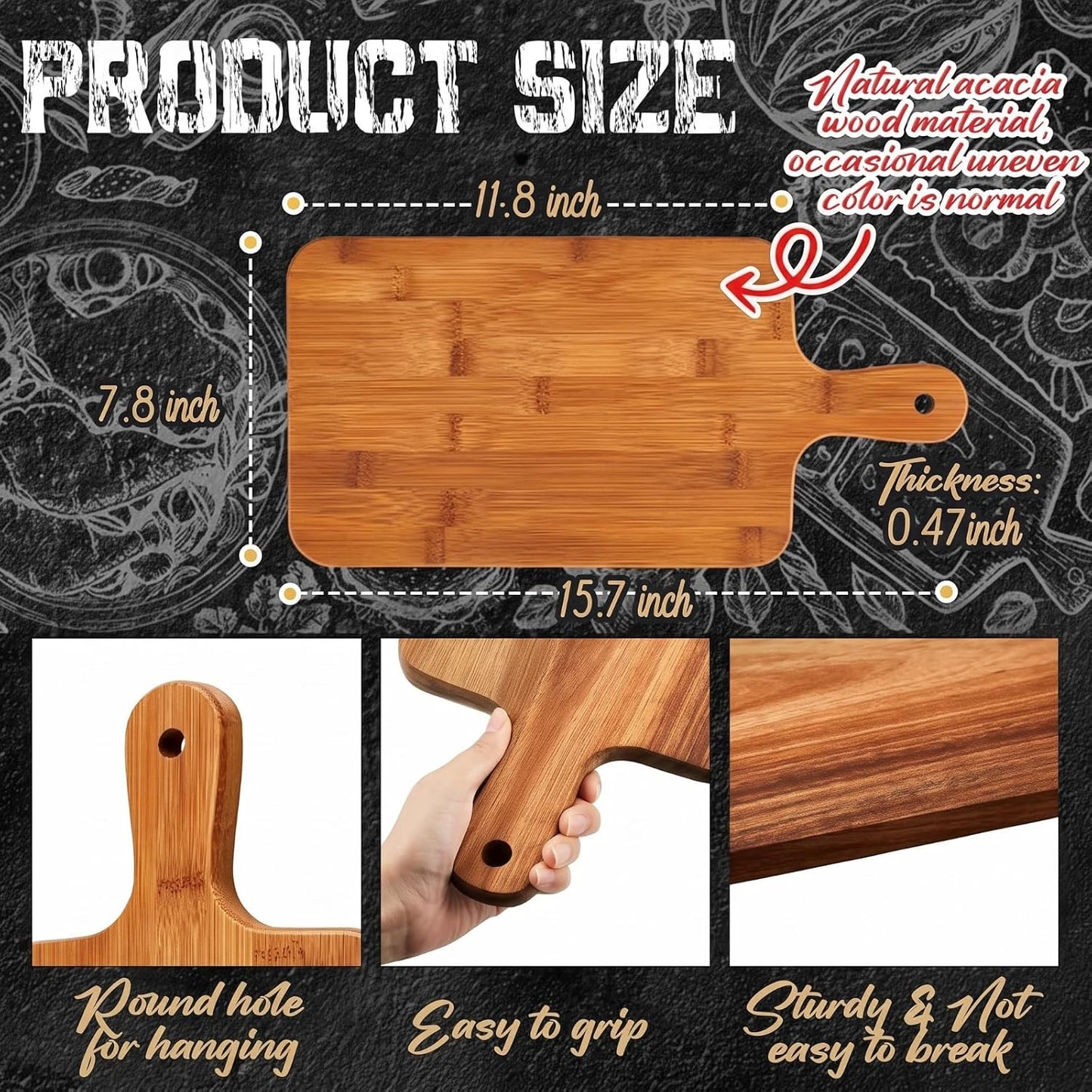 10 Pcs Wood Cutting Board with Handle 15.7 x 7.8 Inch Acacia Wooden Serving Kitchen Chopping Boards for Pizza, Bread, Cheese, Charcuterie, Fruit, Vegetables(Acacia)