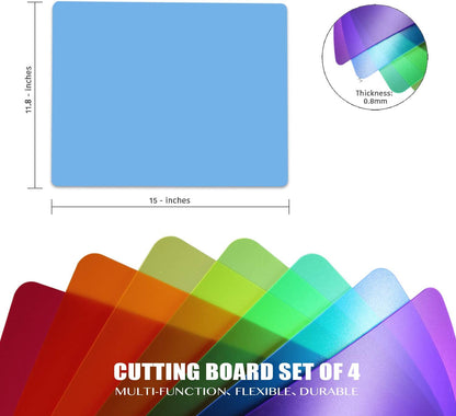 Flexible Plastic Cutting Boards for Kitchen, 4 Frosted Clear Cutting Mats 15 x 12 In, BPA-Free, Non-Porous, and Dishwasher Safe, Set of 4
