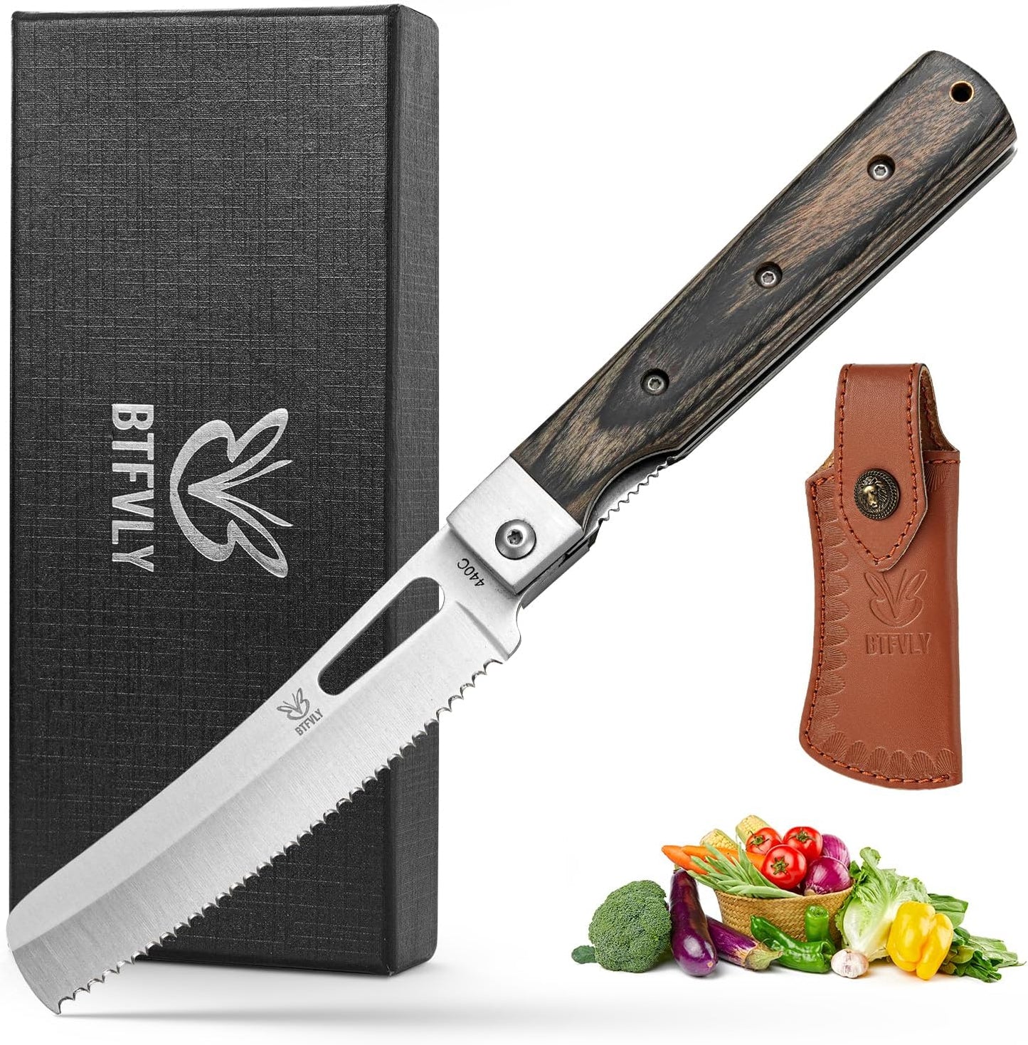 440C Stainless Steel Folding Bread Knife, 9.3in Overall Length, Black - Colored Wood Handle, Serrated Blade - Camping, Outdoor Use