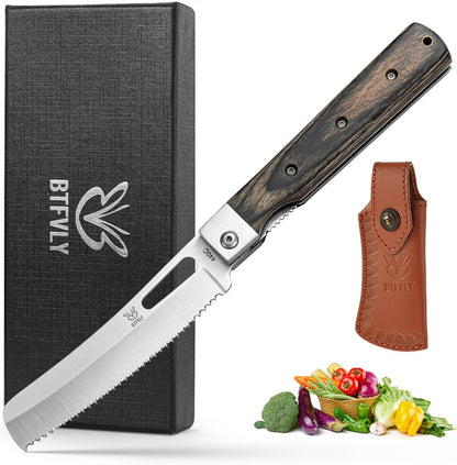 440C Stainless Steel Folding Bread Knife, 9.3in Overall Length, Black - Colored Wood Handle, Serrated Blade - Camping, Outdoor Use