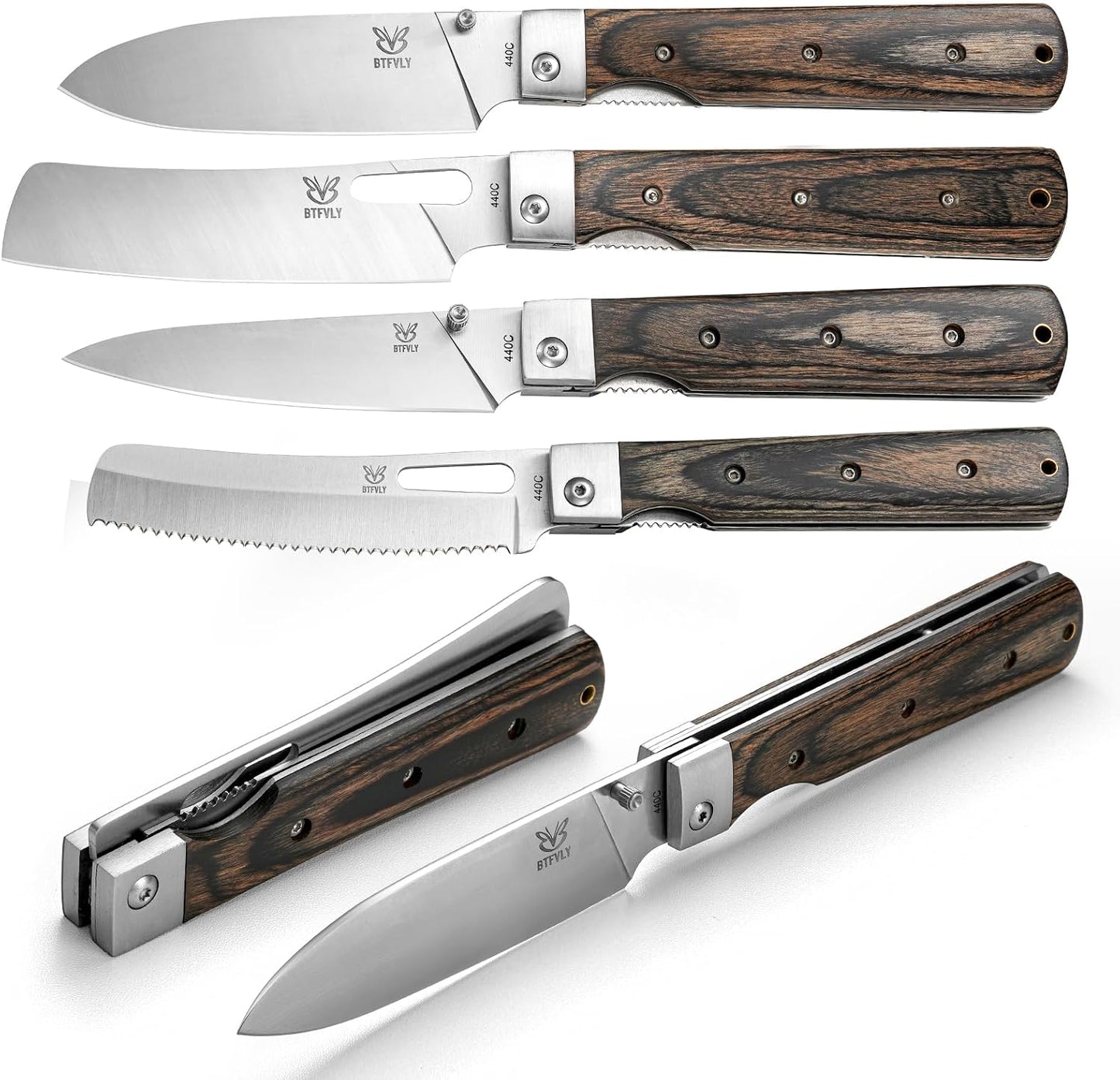 440C Stainless Steel Folding Bread Knife, 9.3in Overall Length, Black - Colored Wood Handle, Serrated Blade - Camping, Outdoor Use