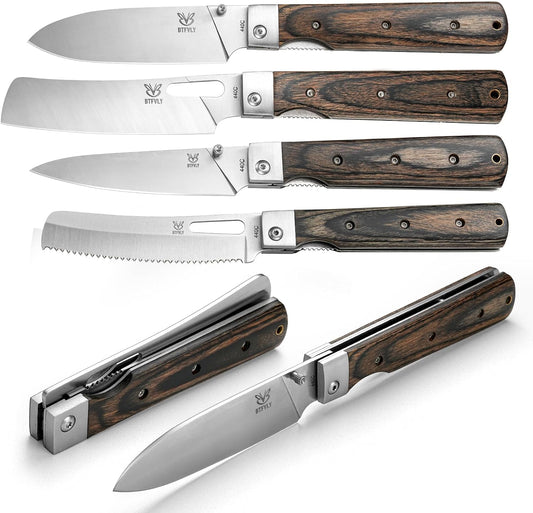 440C Stainless Steel Folding Bread Knife, 9.3in Overall Length, Black - Colored Wood Handle, Serrated Blade - Camping, Outdoor Use