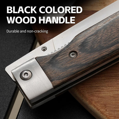 440C Stainless Steel Folding Bread Knife, 9.3in Overall Length, Black - Colored Wood Handle, Serrated Blade - Camping, Outdoor Use